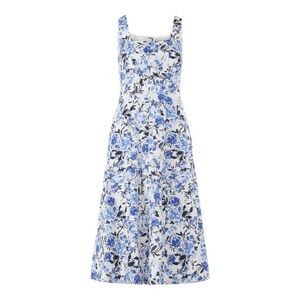 Fit & Flare Square Neck Sleeveless Blue & White Floral Midi Dress with Pockets